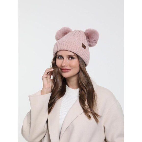?Women Double Pink Pom Knitted Beanie Winter Knitted Beanie Hat